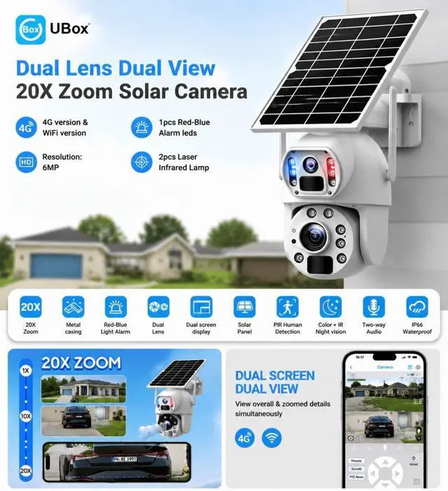 Alt view image 2 of 7 - 20X Zoom Solar Security Camera Outdoor Wireless, Dual Lens Dual View Camera, 6MP HD Resolution, 4G LTE & WiFi Connection,Humanoid Tracking PTZ Camera, Color Night Vision Two Way Audio for ubox app3