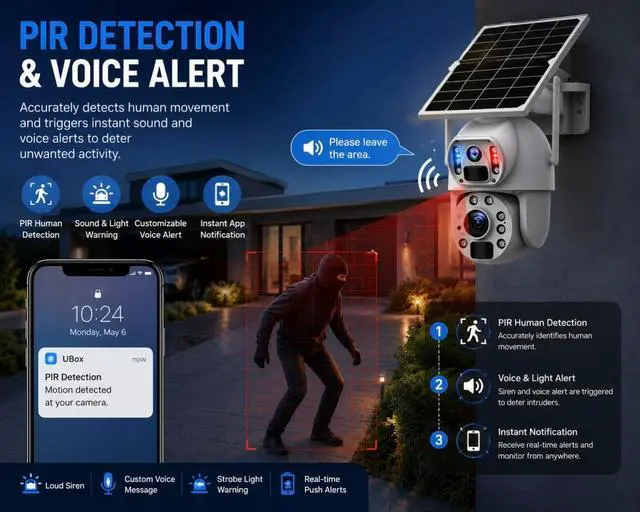 Alt view image 5 of 7 - 20X Zoom Solar Security Camera Outdoor Wireless, Dual Lens Dual View Camera, 6MP HD Resolution, 4G LTE & WiFi Connection,Humanoid Tracking PTZ Camera, Color Night Vision Two Way Audio for ubox app3