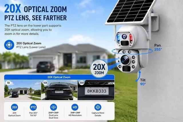 Alt view image 4 of 7 - 20X Zoom Solar Security Camera Outdoor Wireless, Dual Lens Dual View Camera, 6MP HD Resolution, 4G LTE & WiFi Connection,Humanoid Tracking PTZ Camera, Color Night Vision Two Way Audio for ubox app3