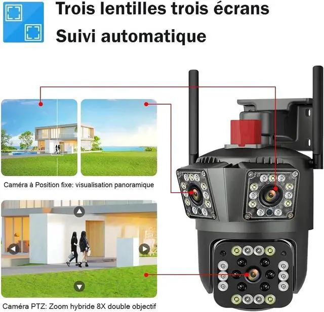 Alt view image 2 of 6 - Outdoor PTZ Security Camera 12MP Triple Lens 3-Screen WiFi (Cardless)