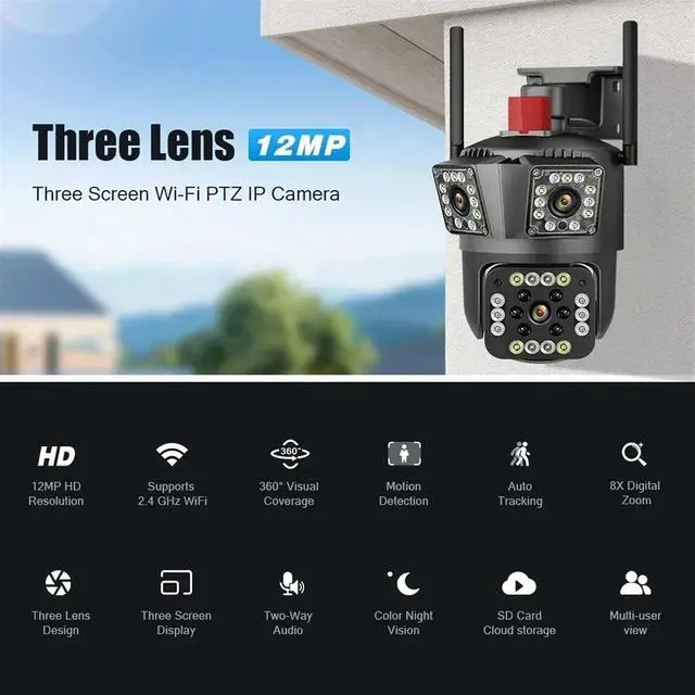 Alt view image 5 of 6 - Outdoor PTZ Security Camera 12MP Triple Lens 3-Screen WiFi (Cardless)