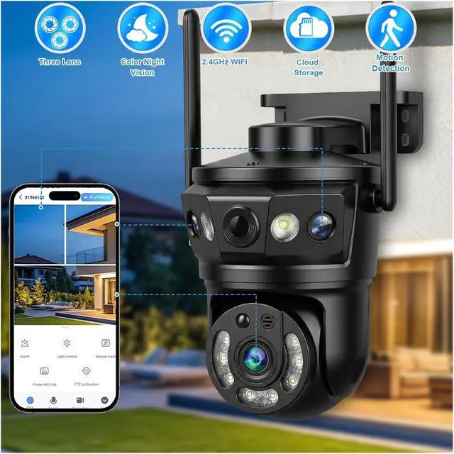 Alt view image 2 of 7 - 9MP Tri-Lens PTZ Outdoor Security Camera