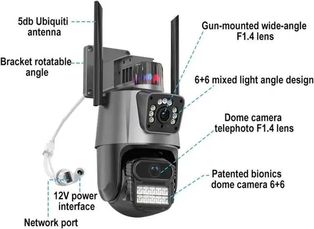 Alt view image 2 of 6 - 6K 8MP Three Lens PTZ WiFi Outdoor Security IP Camera