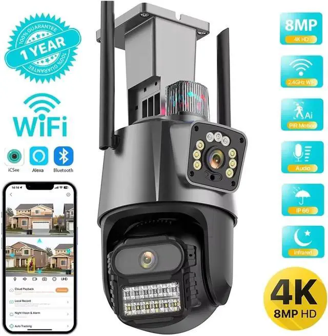 Alt view image 4 of 6 - 6K 8MP Three Lens PTZ WiFi Outdoor Security IP Camera