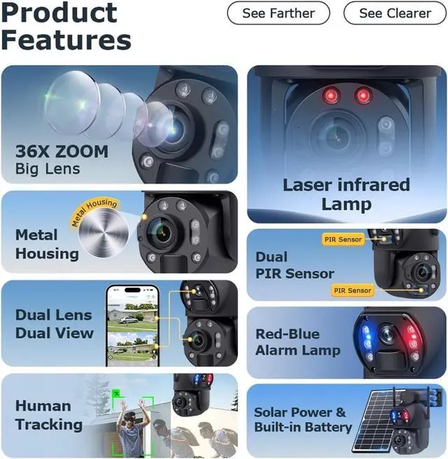 Alt view image 4 of 7 - 12MP 6K 36X Zoom Dual Lens 4G Solar Camera 12000mAh