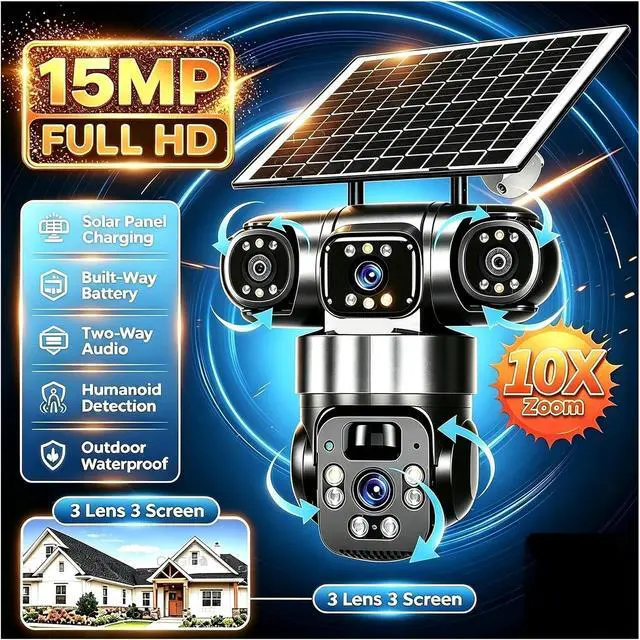 Alt view image 3 of 7 - 15MP 8K 3 Lens 3 Screen Solar PTZ WiFi Security Camera