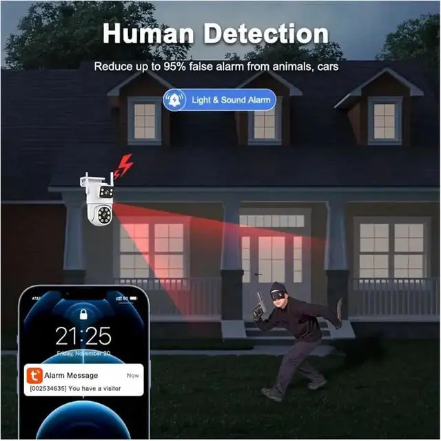 Alt view image 6 of 7 - 4K 8MP Tuya Dual Lens PTZ WiFi Outdoor Security Camera, Dual Screen Surveillance Cam with AI Human Auto Tracking, Compatible with Alexa & Google Assistant(AU,4MP No SD Card)