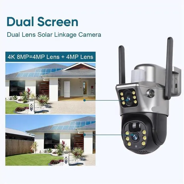 Alt view image 3 of 7 - 8MP 4K 10X Zoom Dual Screen Solar PTZ Camera V380 Pro