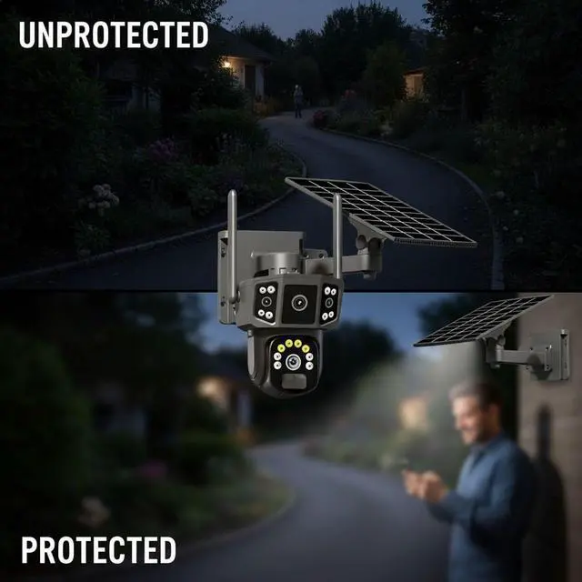 Alt view image 3 of 6 - 4G LTE Solar Powered Security Camera, Wireless Outdoor Camera with 2MP Dual Lens, Full Color Night Vision, Human Detection, IP65 Waterproof, Low Power Consumption, Pan and Tilt for Outdoor Use