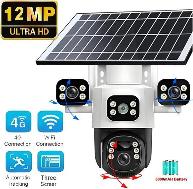 Alt view image 2 of 6 - 12MP 6K Three Lens Three Screen 4G WiFi Solar PTZ Camera