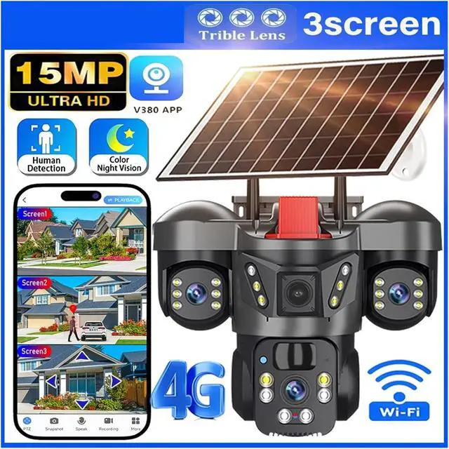 Alt view image 3 of 7 - 15MP 3 Lens 3 Screen 4G WiFi Solar Outdoor Security Camera