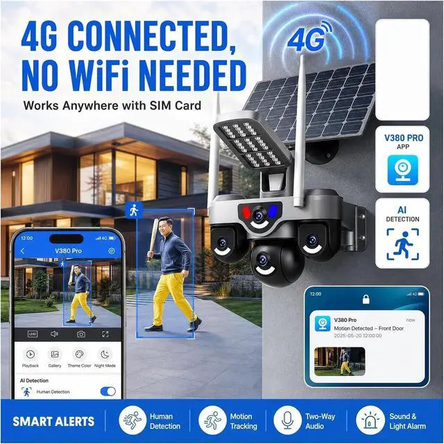 Alt view image 4 of 6 - 15MP Three Lens AOV 4G Solar Street Light Security Camera