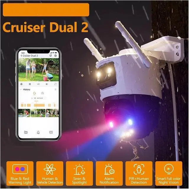 Alt view image 2 of 6 - 10MP Dual Lens Red-Blue Warning Light WiFi PTZ Outdoor Camera
