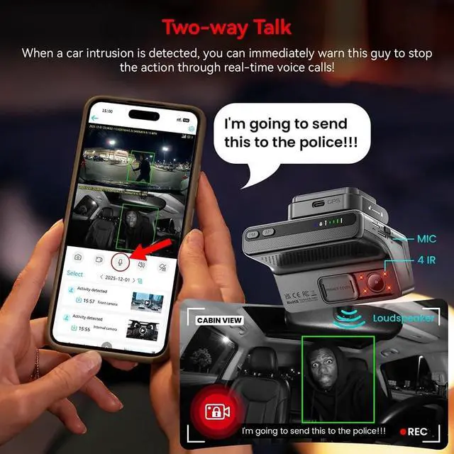 Alt view image 2 of 7 - 4G LTE Surveillance Camera, Front & Interior, Full HD 1080P Vehicle Recorder with Dual Lenses, Built-in 5G, WiFi, GPS, Live Streaming, OBD Line, Radar Detection, Night Vision