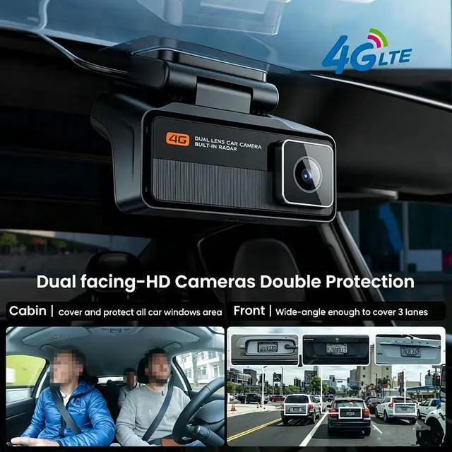 Alt view image 3 of 7 - 4G LTE Surveillance Camera, Front & Interior, Full HD 1080P Vehicle Recorder with Dual Lenses, Built-in 5G, WiFi, GPS, Live Streaming, OBD Line, Radar Detection, Night Vision