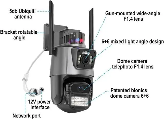 Alt view image 2 of 6 - 8MP 6K Outdoor WiFi PTZ Security Camera, Three Lens 8X Zoom Auto Tracking Surveillance Cam(UK Plug,8MP with 128G Card)