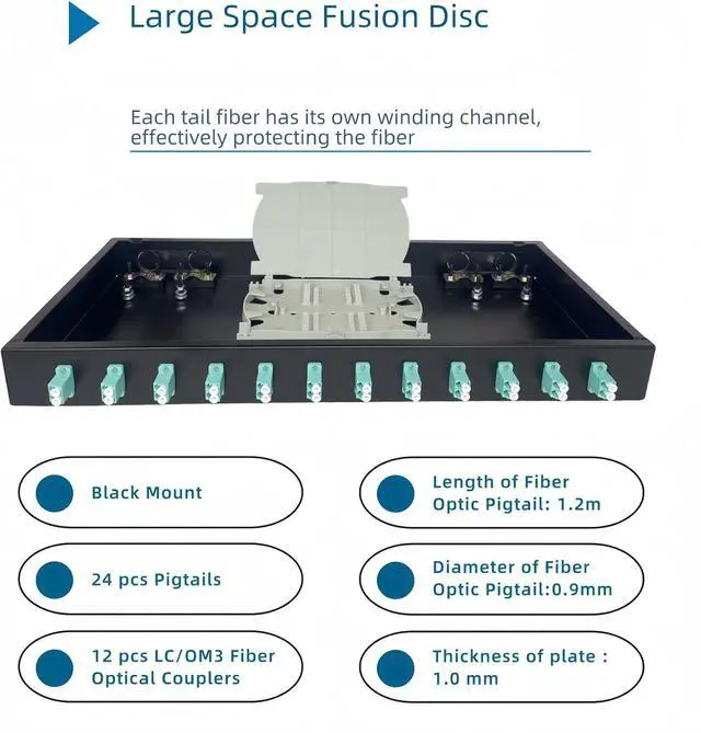 Alt view image 3 of 5 - 12 Port LC Duplex OM3 Multimode Fiber Enclosure 24 Core 1U 19 Inch Rack Mount Patch Panel for Data Center SAN and HPC