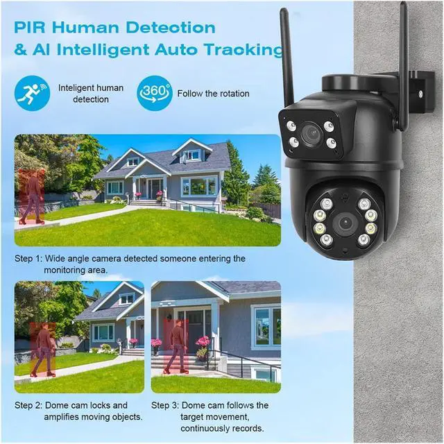 Alt view image 5 of 6 - 8MP 4K Dual Lens Dual Screen PTZ WiFi Surveillance Cam, AI Human Detection Wireless Outdoor Home Security Device(US Plug,8MP NO Card)