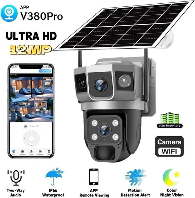 Alt view image 3 of 7 - 12MP Triple Screen Solar WiFi Outdoor Security IP Camera