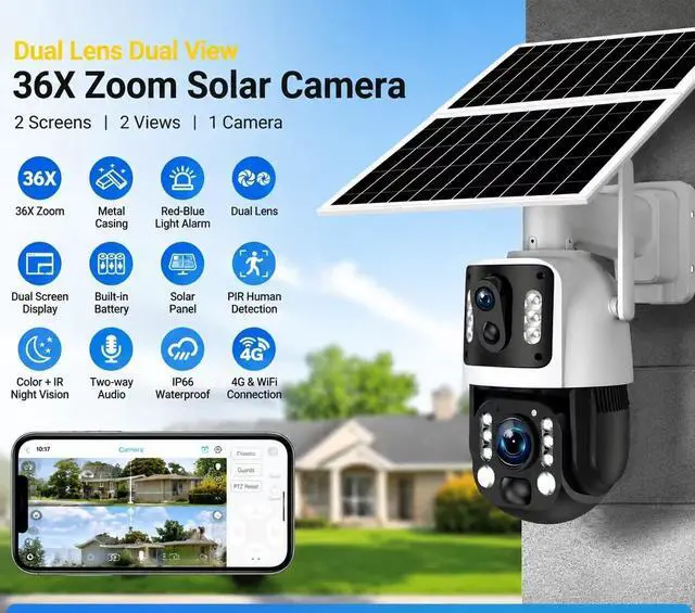 Alt view image 2 of 7 - for UBOX solar security cameras, outdoor dual lens 6MP 36X optical zoom metal body monitoring cameras, human tracking and detection, full-color night vision, warehouse lane outdoor monitoring cameras3