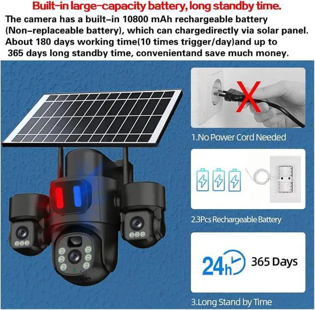 Alt view image 3 of 6 - 12MP Three Lens Solar WiFi PTZ Outdoor Security Camera
