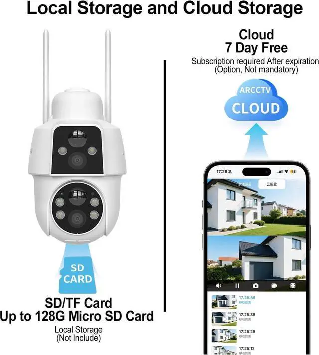 Alt view image 5 of 6 - Dual Lens WiFi Solar Security Cam, Outdoor IP Rated, Color Night Vision, PIR Motion Detection Continuous Home Surveillance