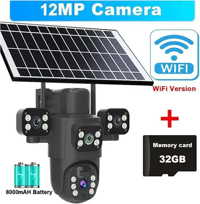 Alt view image 2 of 7 - 12MP WiFi Solar Outdoor PTZ Camera Three Lens Three Screen Security IP Camera