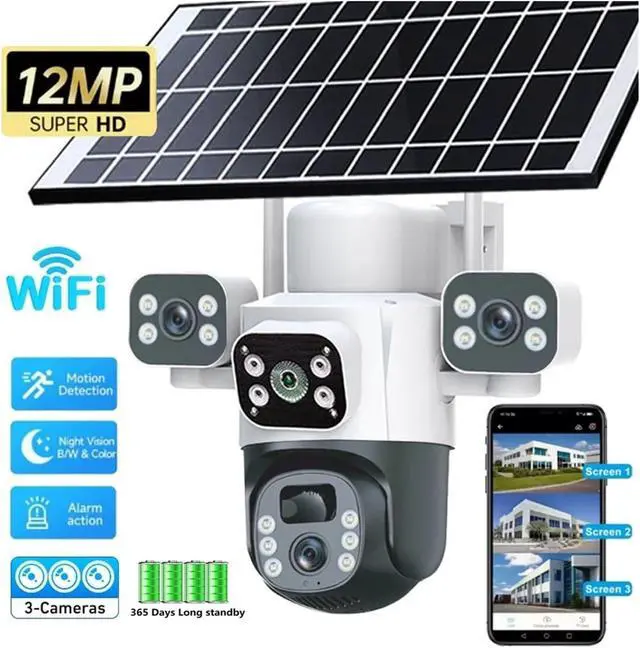 Alt view image 3 of 7 - 12MP WiFi Solar Outdoor PTZ Camera Three Lens Three Screen Security IP Camera