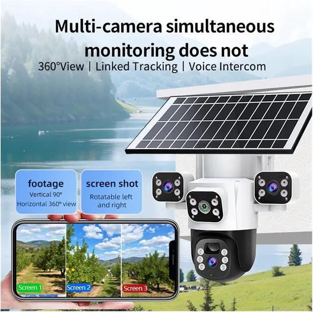 Alt view image 4 of 7 - 12MP WiFi Solar Outdoor PTZ Camera Three Lens Three Screen Security IP Camera