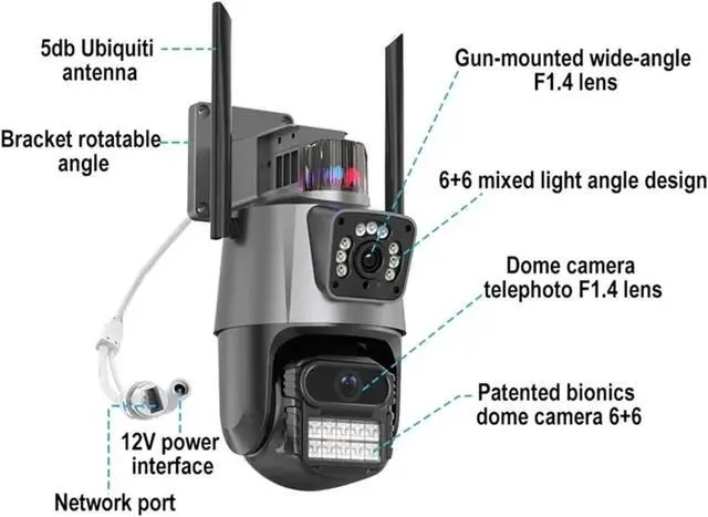 Alt view image 2 of 5 - 8MP Three Lens WiFi PTZ Outdoor Security Camera