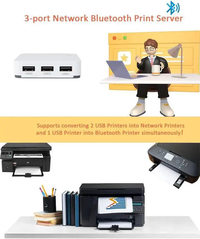 Alt view image 2 of 6 - 3-Port USB Blue~Tooth Network Print Server