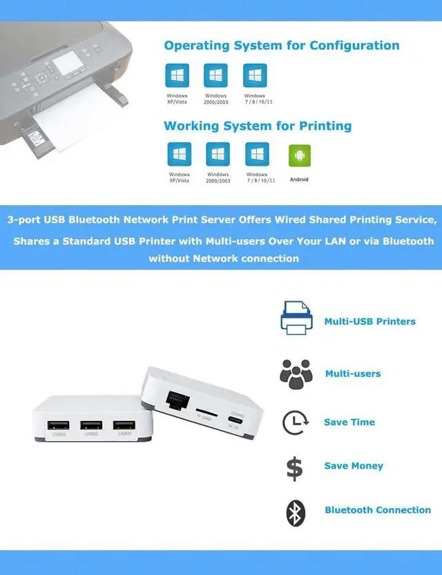 Alt view image 3 of 6 - 3-Port USB Blue~Tooth Network Print Server