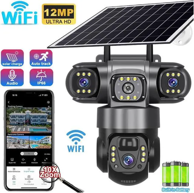 Alt view image 3 of 7 - 12MP 3 Lens 3 Screen Solar Outdoor Security IP Camera