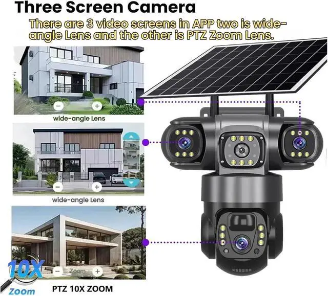 Alt view image 4 of 7 - 12MP 3 Lens 3 Screen Solar Outdoor Security IP Camera