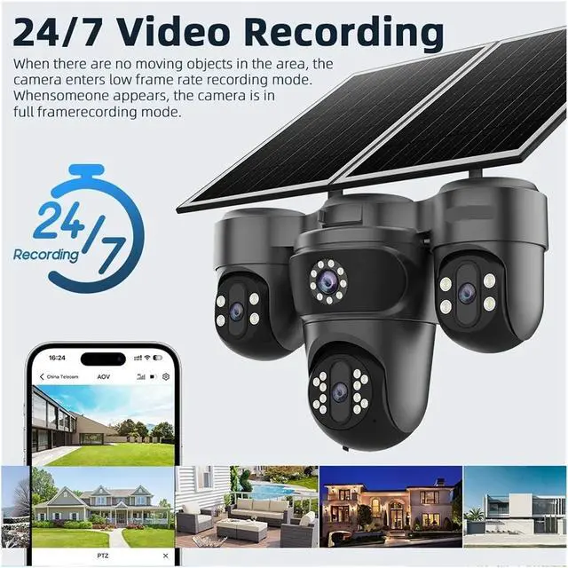Alt view image 6 of 7 - 20MP 4G AOV Solar Outdoor CCTV Camera Three PTZ Four Screens Surveillance Camera
