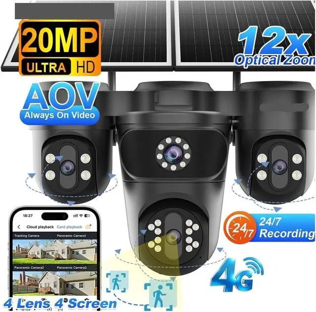 Alt view image 3 of 7 - 20MP 4G AOV Solar Outdoor CCTV Camera Three PTZ Four Screens Surveillance Camera