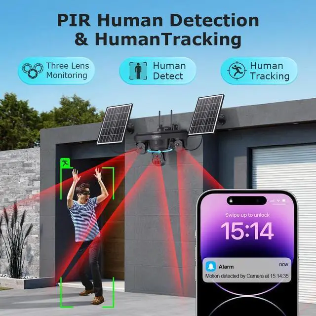 Alt view image 7 of 7 - Solar Security Camera Outdoor Wireless, 9MP 3-Lens AOV 24/7 Recording PTZ, 14W Solar Panel&20100mAh Battery, 4G Cellular LTE, Color Night Vision, AI Auto Tracking, 2-Way Audio, IP66, Ubox Pro