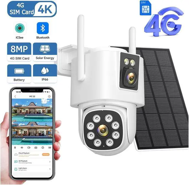 Alt view image 2 of 7 - 8MP 4G LTE Solar Security Camera, Dual Lens AOV 24/7 Recording Two-Way Audio 12000mAh Battery Surveillance Cam(8MP Add 64G Card)