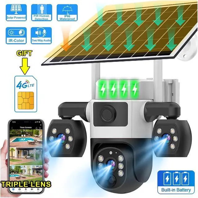 Alt view image 3 of 7 - 6MP 4G WiFi Solar Outdoor PTZ Camera Triple Lens Security Surveillance Camera