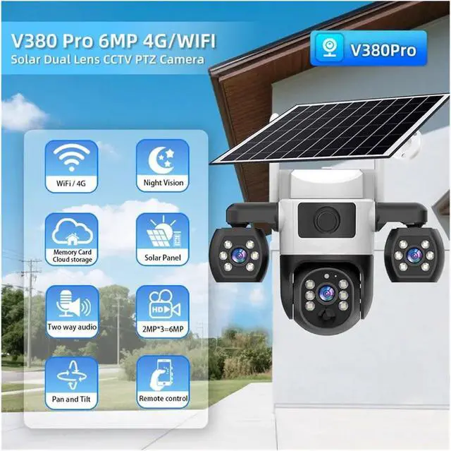 Alt view image 6 of 7 - 6MP 4G WiFi Solar Outdoor PTZ Camera Triple Lens Security Surveillance Camera