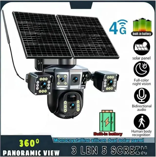Alt view image 6 of 6 - 3 Lens Five Screen 4G Solar PTZ Outdoor Security IP Camera