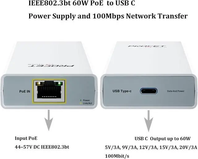 Alt view image 2 of 6 - PoE to USB C Converter for Smart Phone/Tablet, USB-C to Ethernet Adapter with 60W Charging, Power & Data 2-in-1 RJ45 Port to Type-C Adapter, 10/100Mbps High Speed Plug & Play,IEEE802.3bt