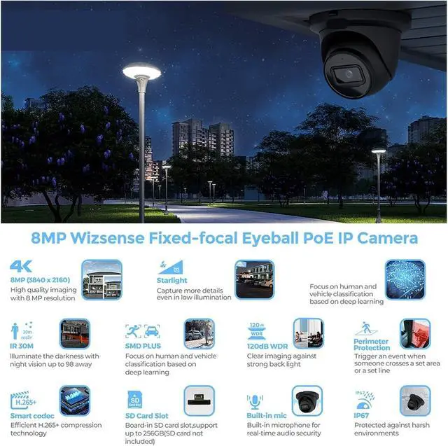 Alt view image 3 of 7 - 8MP 4K Full Color Outdoor IP Camera MIC Black White