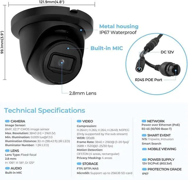 Alt view image 7 of 7 - 8MP 4K Full Color Outdoor IP Camera MIC Black White