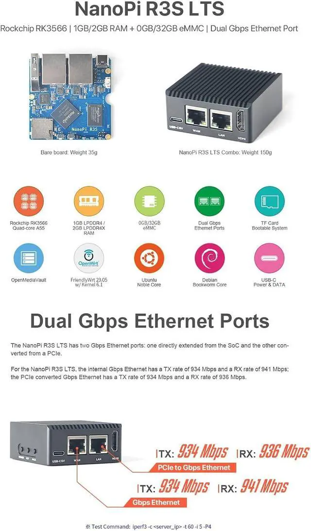 Alt view image 3 of 7 - NanoPi R3S-LTS RK3566 Dual GbE 2GB RAM 4K HD MI Output USB 3.0 - Perfect for Home Server/Network Storage/Soft Router (Metal Case Kit with Power, 2GB RAM + 32GB eMMC)