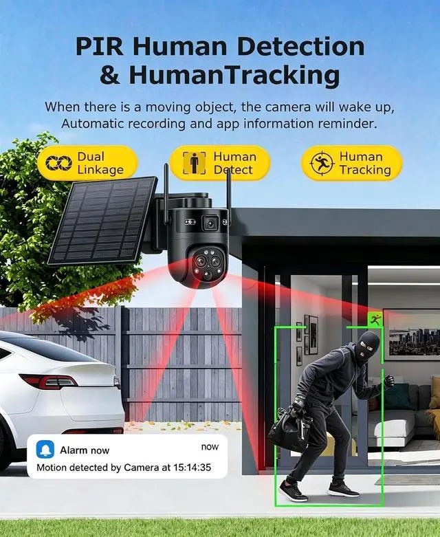 Alt view image 5 of 7 - 3-Lens Dual View Solar Security Camera Wireless Outdoor, 15X Zoom PTZ Surveillance Camera, Color IR Night Vision, PIR Human Tracking, Two-Way Audio, for Outdoor Security Monitoring camera1