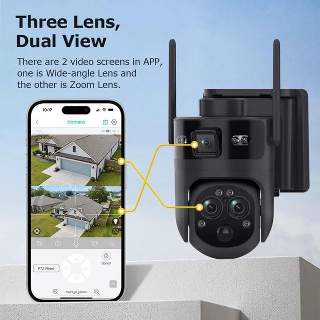 Alt view image 7 of 7 - 3-Lens Dual View Solar Security Camera Wireless Outdoor, 15X Zoom PTZ Surveillance Camera, Color IR Night Vision, PIR Human Tracking, Two-Way Audio, for Outdoor Security Monitoring camera1