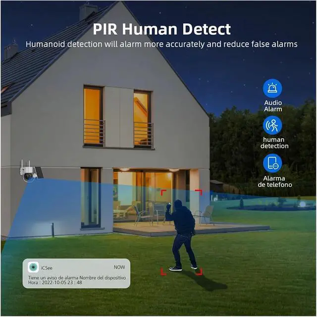 Alt view image 4 of 7 - 2MP Solar WiFi PTZ Security Camera Outdoor, Battery Powered PIR Human Detection Wireless Surveillance Cam Support iCSEE App(1080P 32G SD Card)