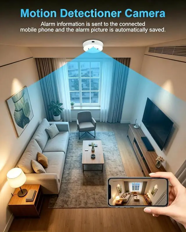 Alt view image 2 of 6 - HD 1080P Camera Smoke Detector,WiFi Mini Small Nanny Cam with Motion Detection, Indoor Wireless Surveillance for Home Security/Office with app, No Audio (no Smoke Detector Function)