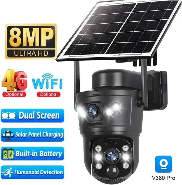 Alt view image 3 of 7 - V380 Pro 4K 8MP Dual Screen Dual Lens Solar 4G WiFi PTZ Camera